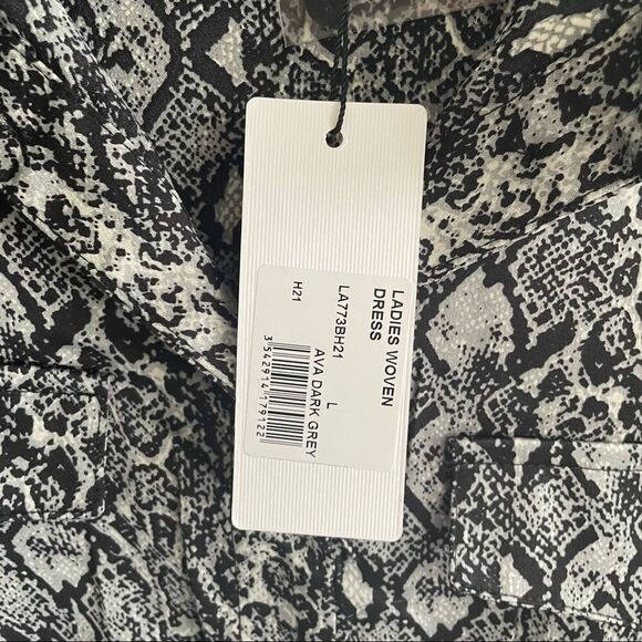 MOLLY BRACKEN Snake Print Long Sleeve Shirt Midi Dress Pleated Black Grey L - Picture 9 of 12